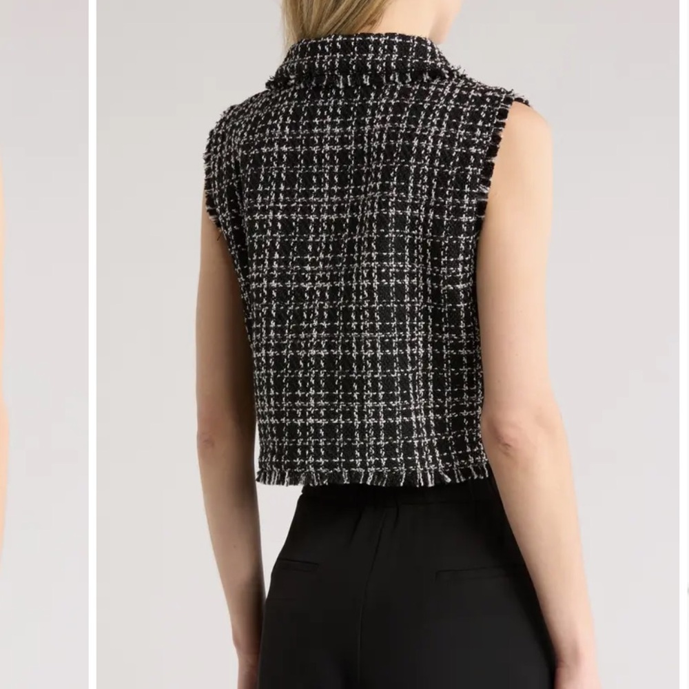 Laundry by Shelli Segal Tweed Cropped Vest Frayed Design, Black /White, Sz S NWT - Picture 3 of 13